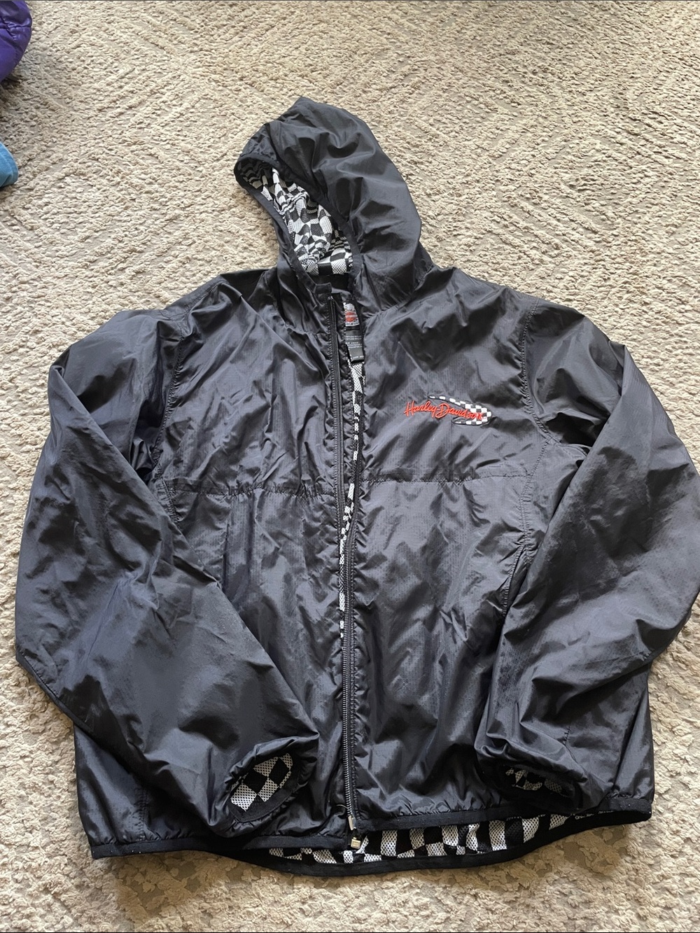 Harley-Davidson Black Hooded Windbreaker with Checkerboard Lining